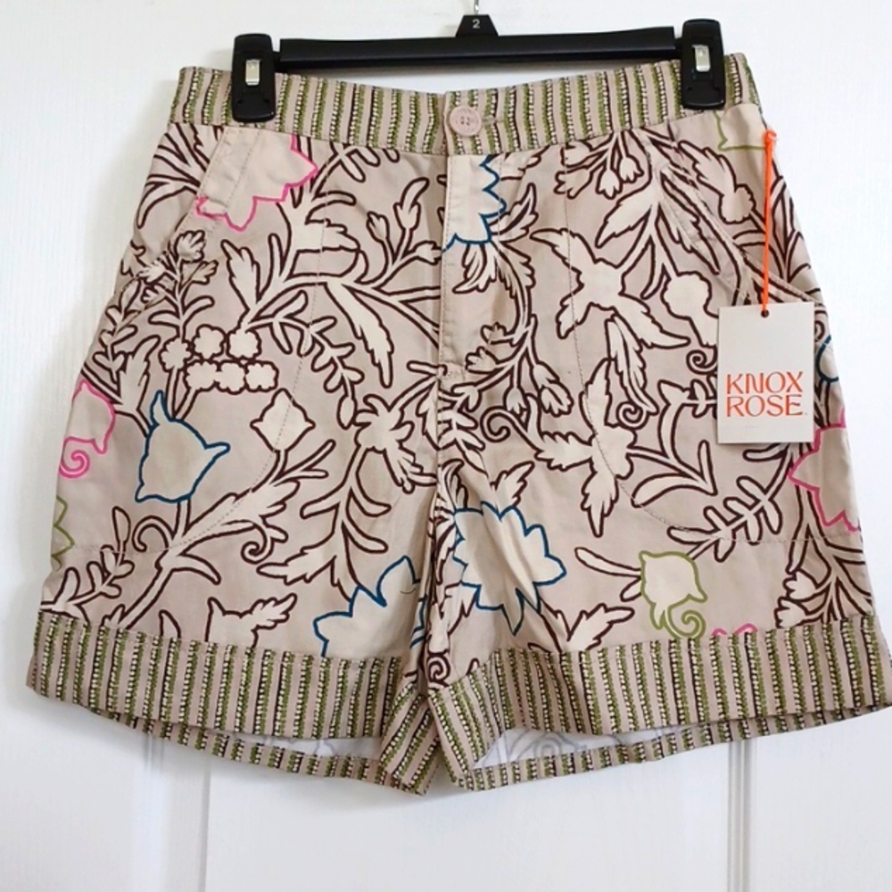 Knox Rose Beige Floral High Waist Shorts with Pink Blue Green Accents